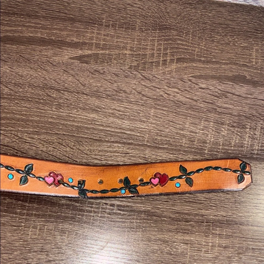 Vintage Unbranded Little Girls Tiffany Brown Leather Belt with Heart & Floral